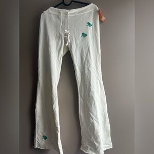 Women Cream flare leg French terry Pants with Green frogs Primp large